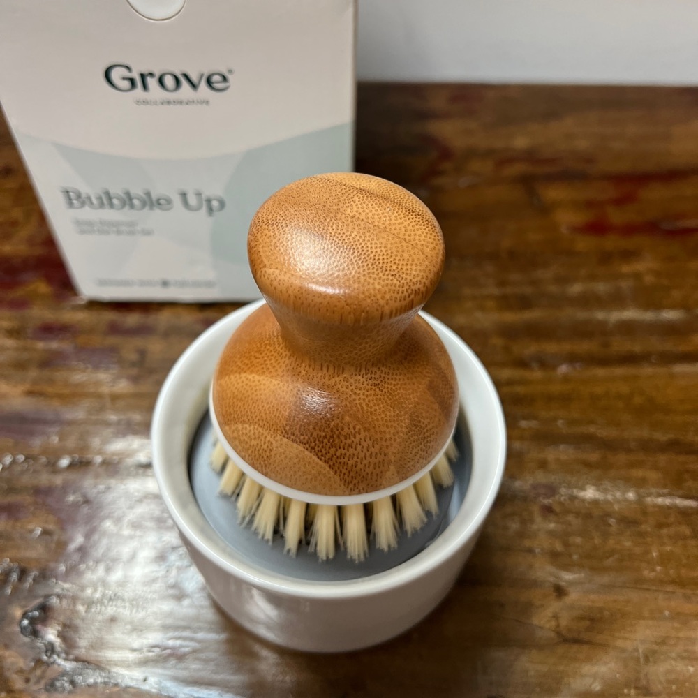 Brand new in box, Grove Collaborative “Bubble Up” soap dispenser/brush set